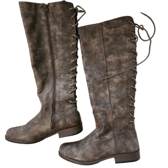 Montana West Shoes - Womens 8.5 Montana Brown Knee-High Lace-Up Western Equestrian Boho Riding Boots